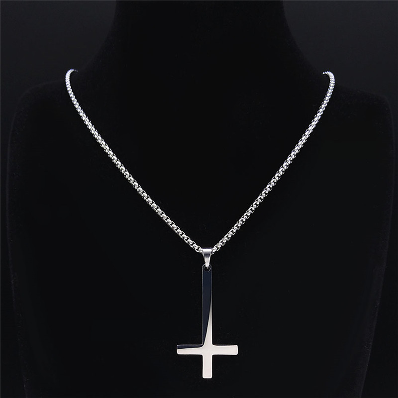 Collar con cruz al revés de acero inoxidable pagano de brujería, collar con cruz invertida para mujeres/hombres, joyería collier N8373S02