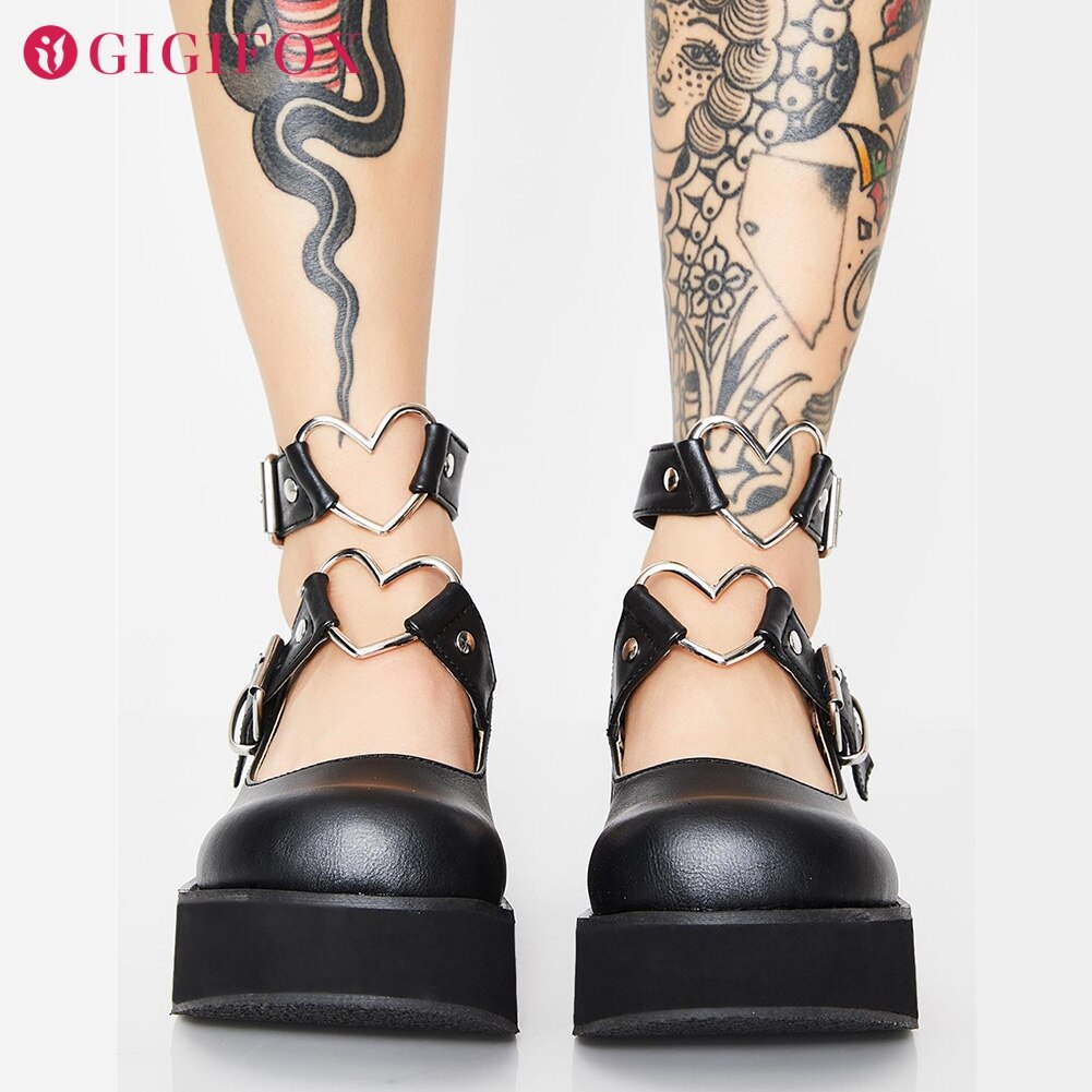 Zapatos planos Mary Janes para mujer, zapatillas femeninas de estilo gótico, con plataforma decorativa en forma de corazón rosa y negro, talla grande 43,