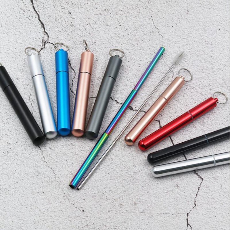 Metal Reusable Collapsible Foldable Straw with Case Keychain Stainless Steel Metallic Portable Telescopic Drinking Straw