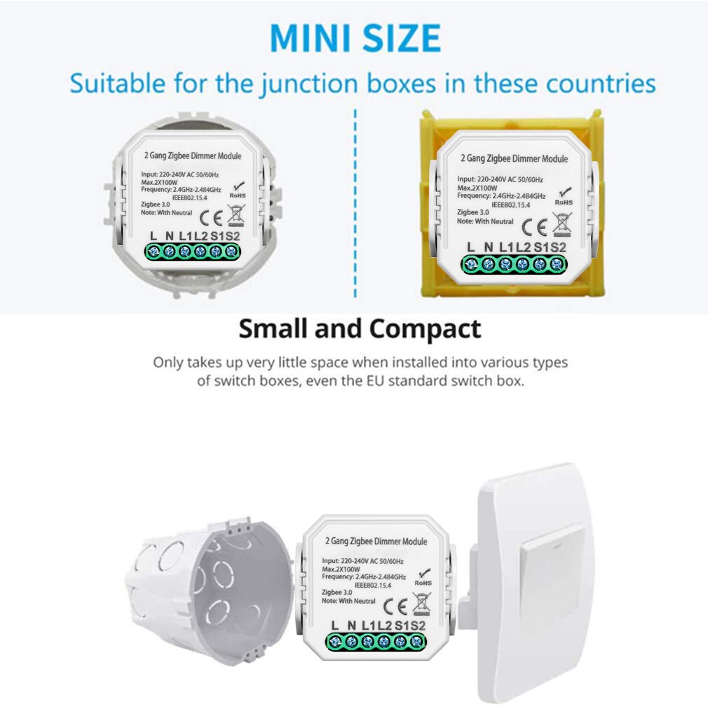 Tuya Smart Zigbee Dimmer Module 1Gang 2Gang Met Neutrale 2 Weg Draadloze Schakelaar Relais Ondersteuning Zigbee2MQTT