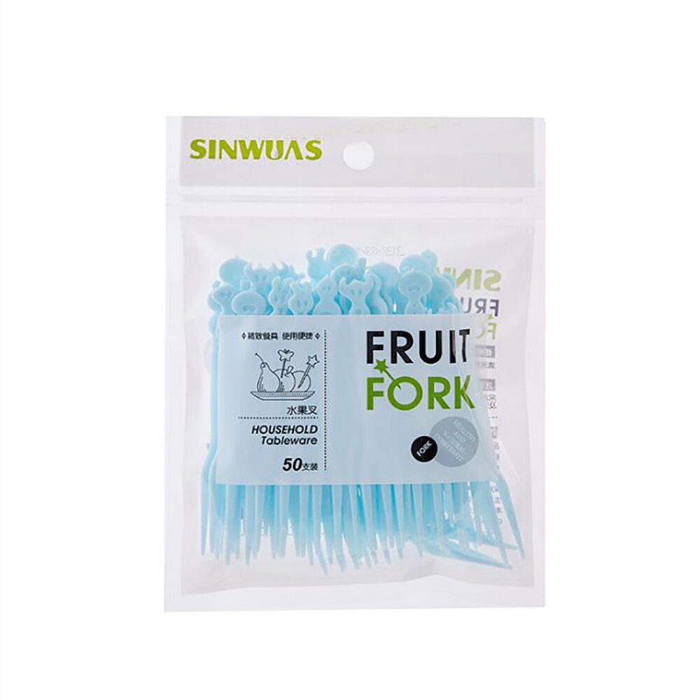 50Pcs Huishoudelijke Leuke Fruit Vork Set Plastic Wegwerp Fruit Teken Huishoudelijke Cake Fruit Salade Kleine Vork: Blue