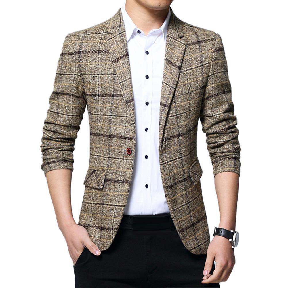 Mode Mannen Blazers Plaid Revers Slanke Blazer Jacket Coat Een Knop Pak Mannen Kleding Мужская Куртка