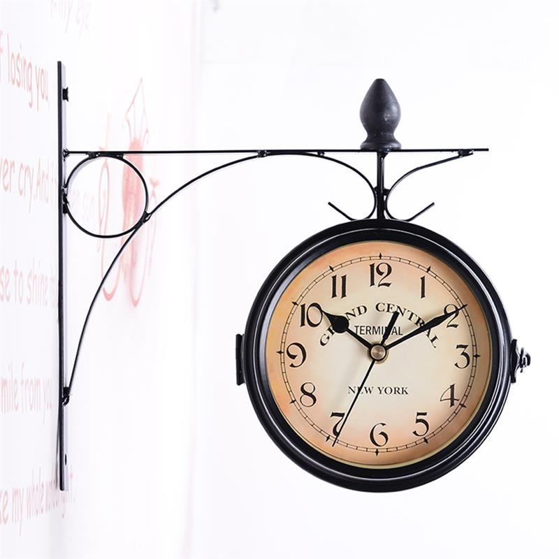 Retro Double Side Rotating Wall Clock Metal Hanging Clock Outdoor /Home/Garden Decor European Clock Wall Mounted+Bracket