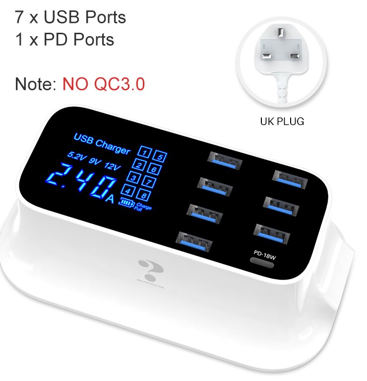 Goojodoq Quick Charge 3.0 40W 8-Port Usb Charger/Type C/Pd Charger Smart Led Display usb Snel Opladen Adapter Voor Telefoon Tablet