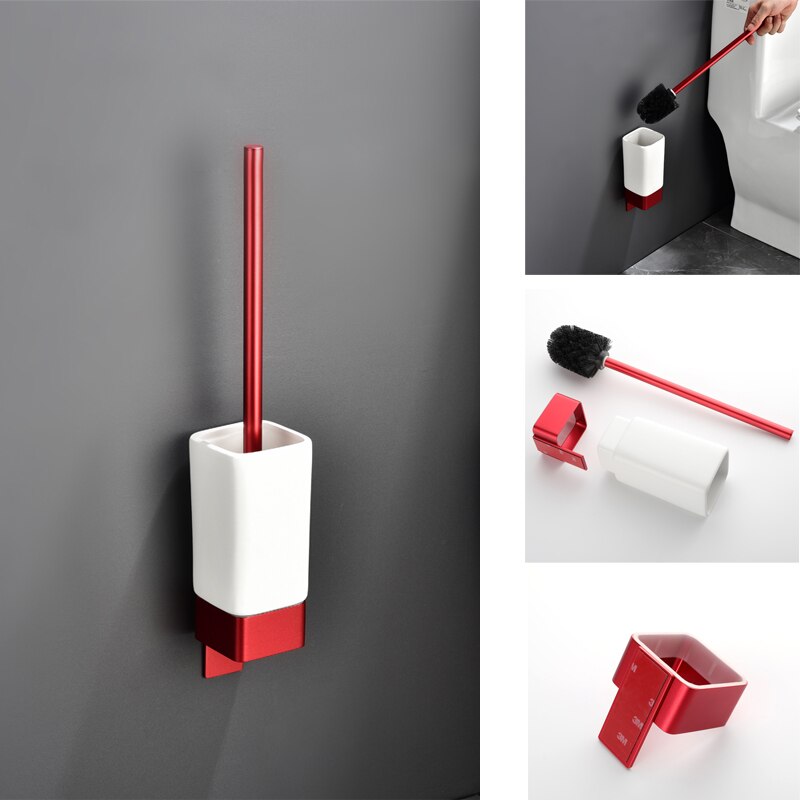 Aluminium Badezimmer Zubehör Sets 3M Band Wc Pinsel Halter Keramik Wc Rollen Papier Halter Rot Robe Haken Handtuch Halter