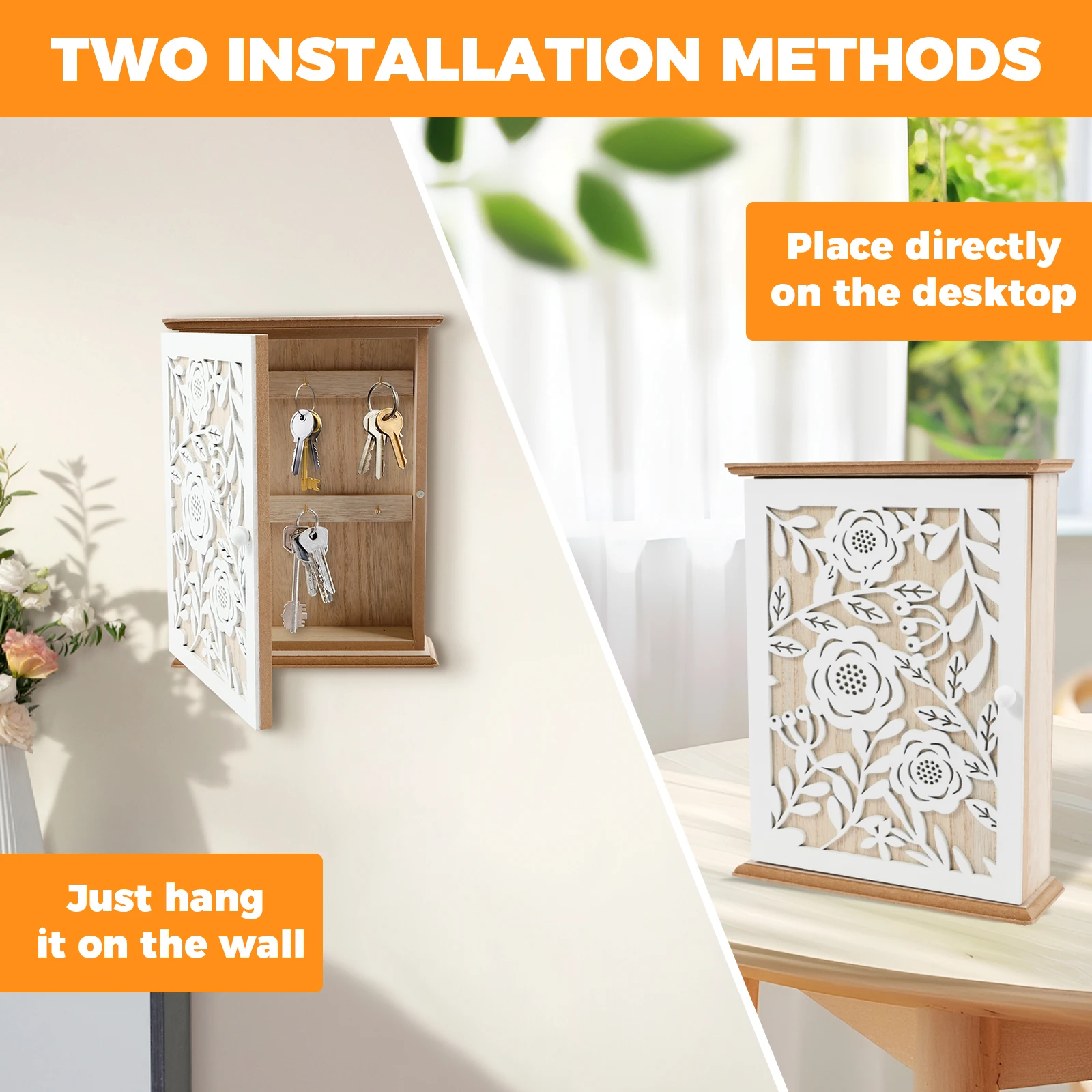 Wood Key Box Decorative Wall Key Holder with 6 Key Hooks Practical Wood Key Cabinet Multifunctional Wood Key Holder Box Doorway