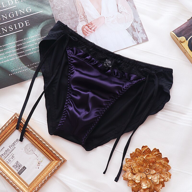 Männer Unterhose Seide sexy Weiche Unterhose Spitze T Höschen Reine Farbe Atmungsaktivem Homosexuell Unterwäsche Männlichen Schlauch Dessous: dunkel Violett / XXL