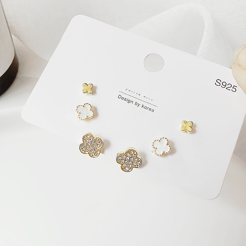 Conjuntos de brincos para as mulheres 2020 moda coreana pequenos acessórios meninas feminino flor cristal zircônia quatro folhas trevo jóias