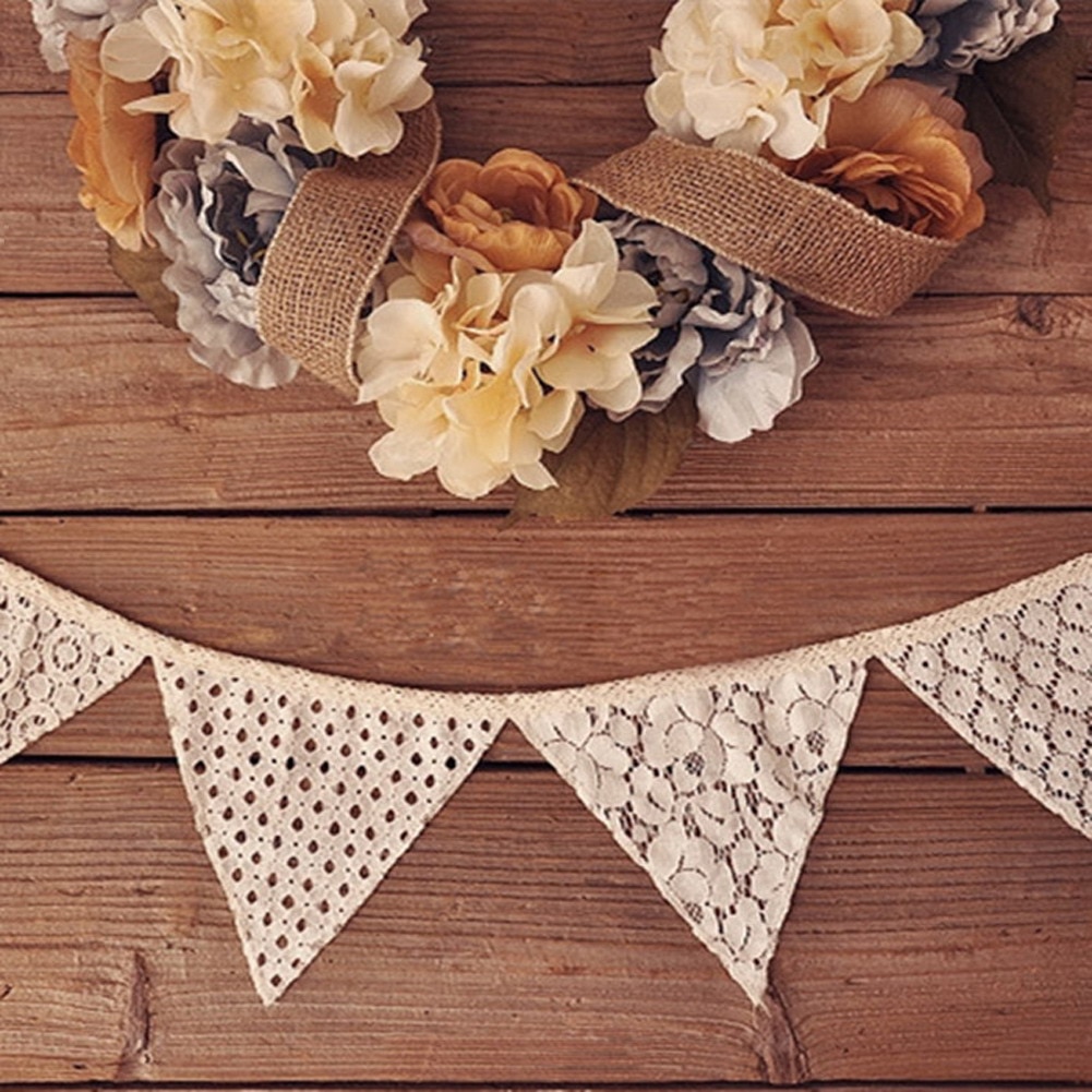10 st 2.5m bröllopsdekorationer romantisk vintage shabby elfenben spets banner flagga kransar heminredning
