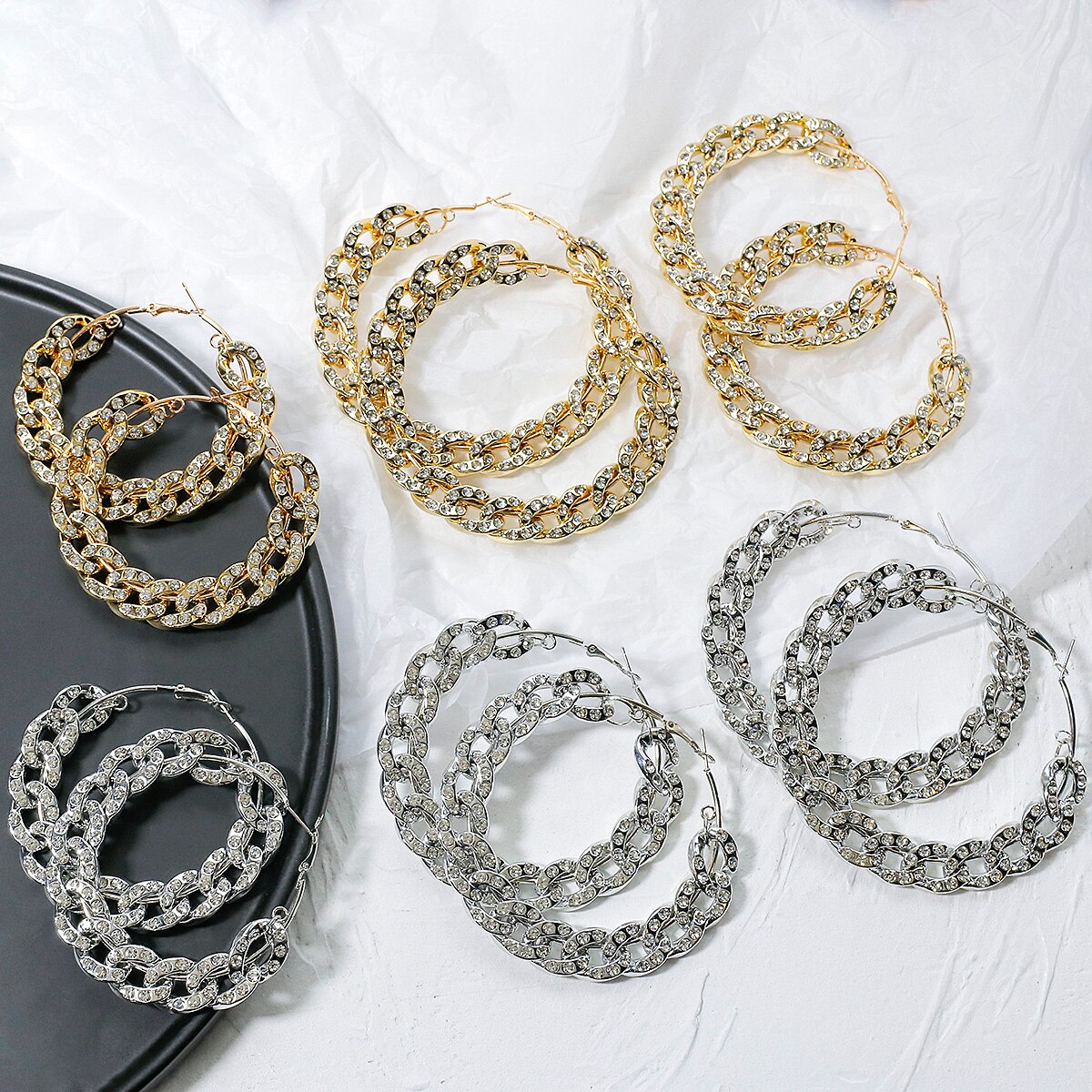 AMORCOME Rhinestone Chain Hoop Earrings For Women Big Circle Round Earrings Brincos Female Statement Jewelry