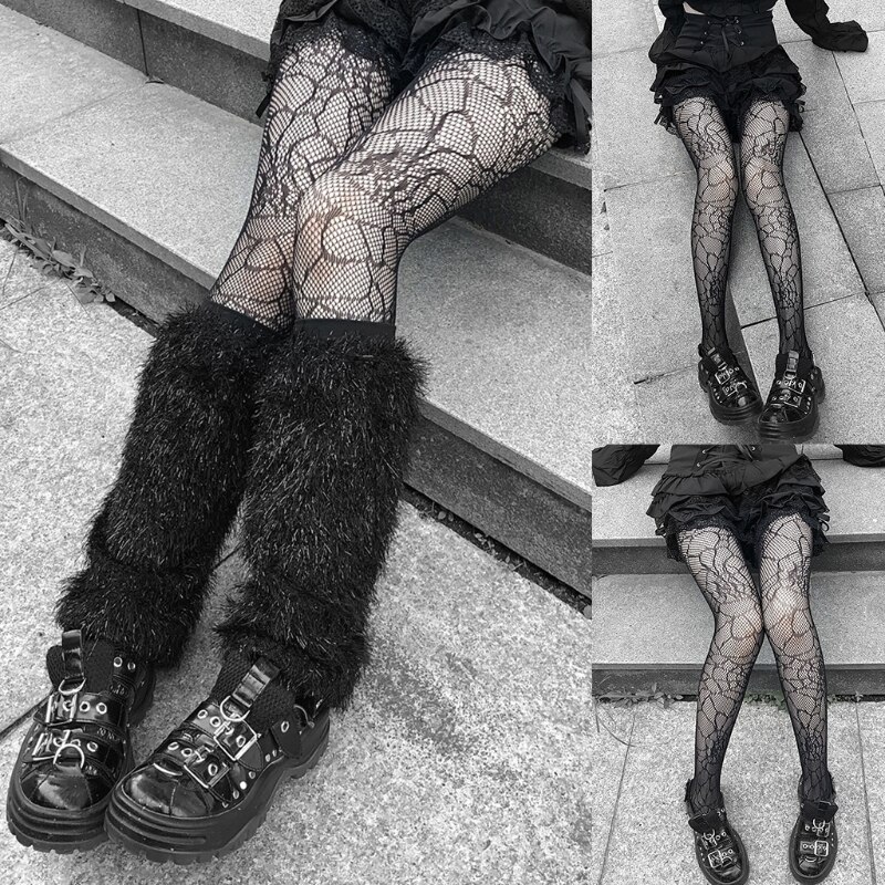 Gothic Punk Women Black Mesh Fishnet Pantyhose Spider Web Patterned Tights Stockings Lingerie Halloween Fancy Dress Costume M6CD