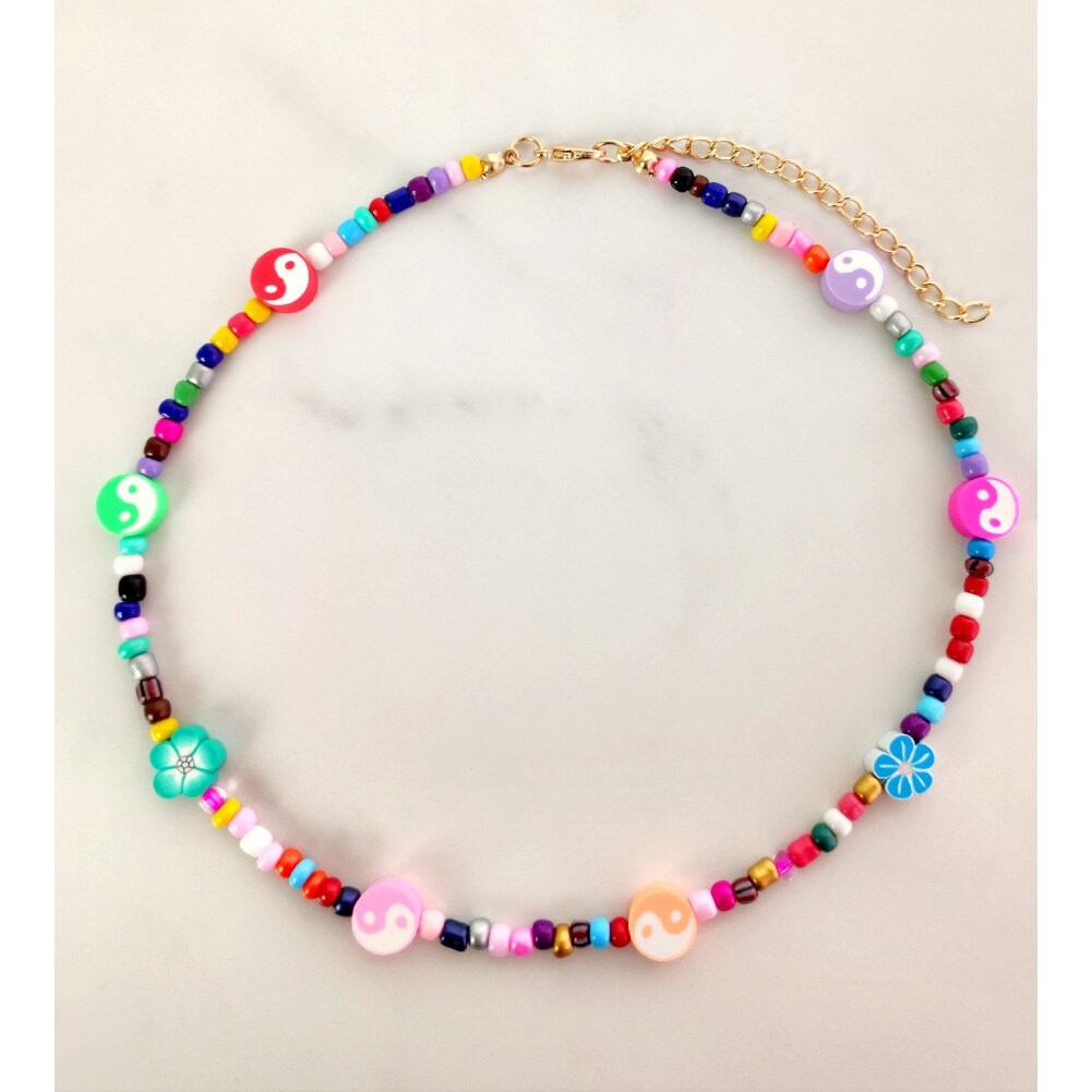 Multilayer Smiley Face Color Seed Beaded Necklaces For Women Handmade Fruit Heart Pearl String Beads Choker Summer Beach Jewelry: 062804MC