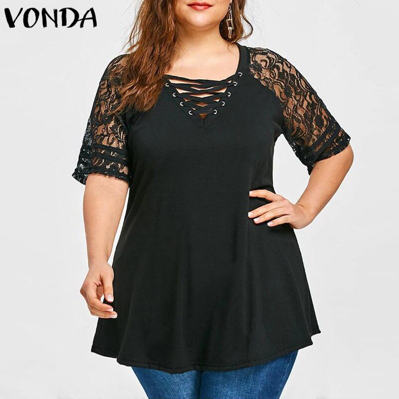 Vonda zwangerschapsblouses en tops zomer sexy kant uitgehold effen shirts femme bohemian zwangerschapsblouses losse blouse: Xl