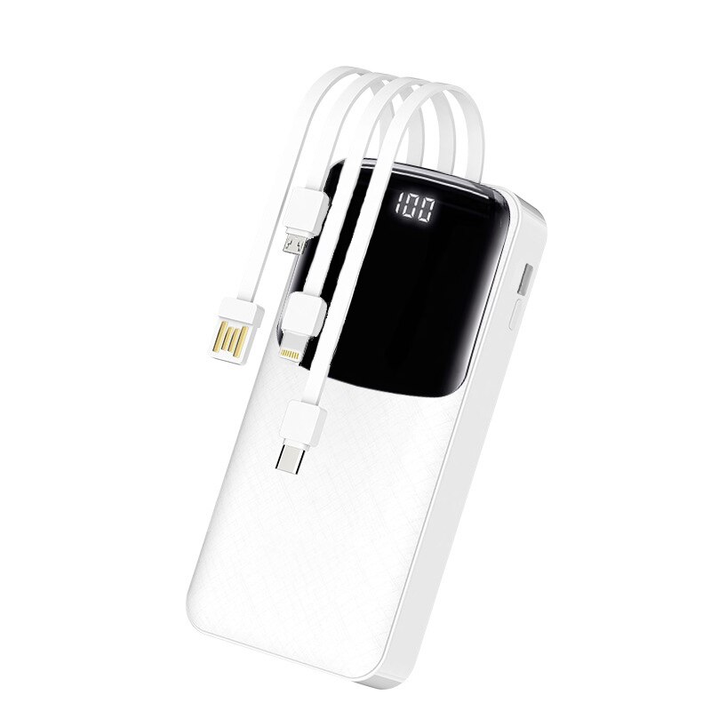 10000 mah power bank, multifunctional external battery with 4 cables, micro usb, type c, flash, portable mobile charger, led, digital