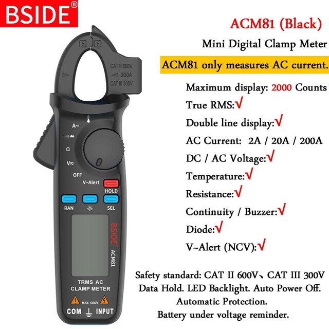 BSIDE True RMS Clamp Meter 1mA Plier Ammeter Car repair Digital Multimeter DC AC Current Volt Temp Capacitor Tester: ACM81-BLACK