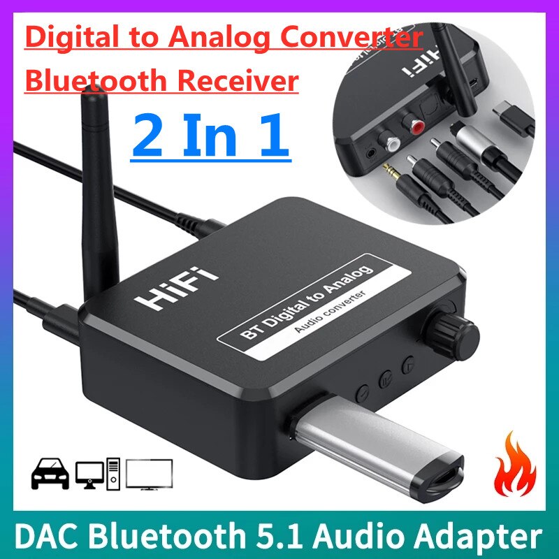 Bluetooth Audio Receiver Digital to Analog DAC Converter 3.5mm AUX Jack RCA L/R U Disk SPDIF Stereo Car Speaker Wireless Adadper