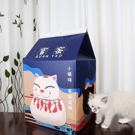 Boîte à lait en carton ondulé pour chat, jouet de lit pour chaton, mignon et tridimensionnel, fournitures pour animaux de compagnie: A3