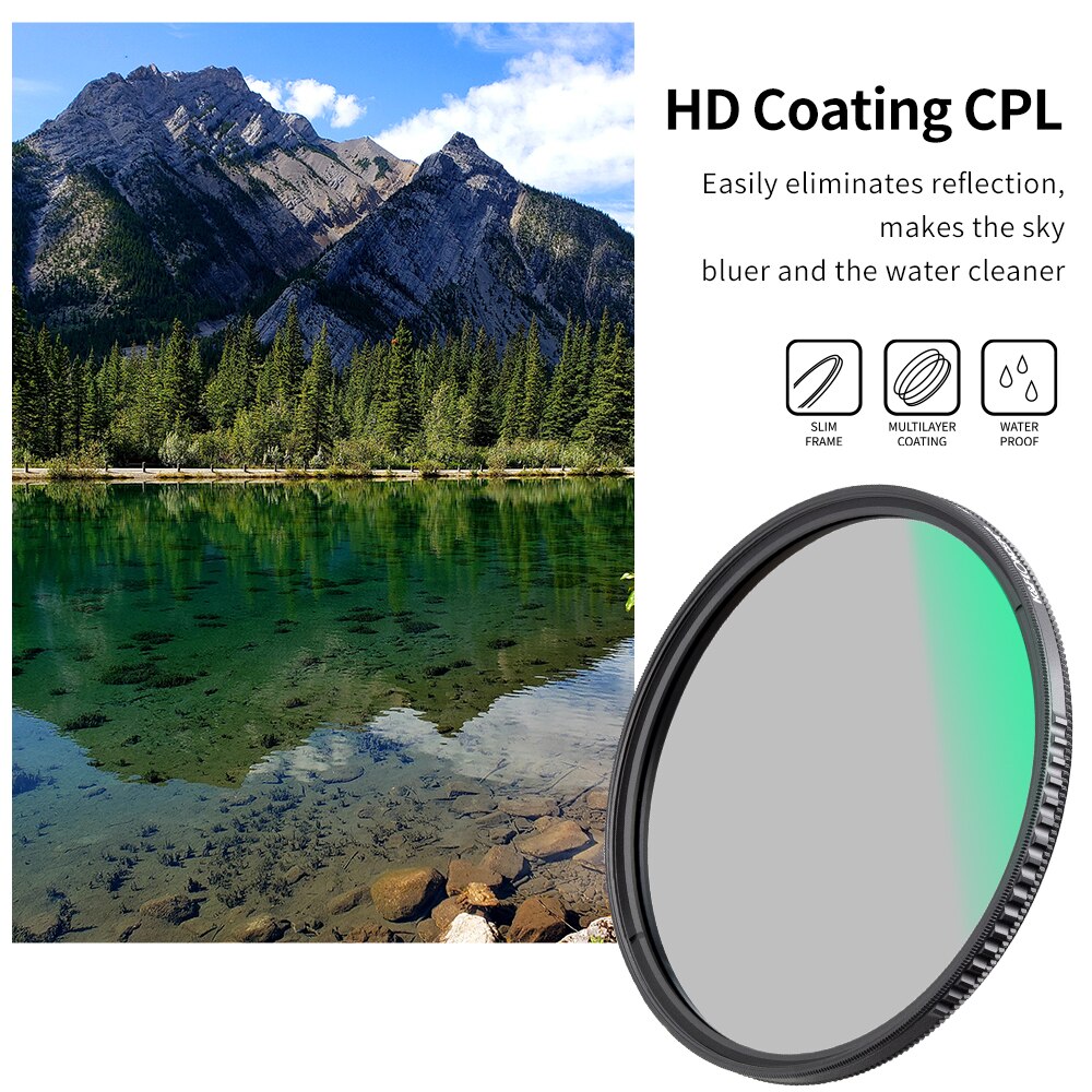 K&f concept 67/77/82mm circulair polarisatiefilter met 24 meerlaagse groene coatings, hd krasbestendig, ultradun cpl-filter.