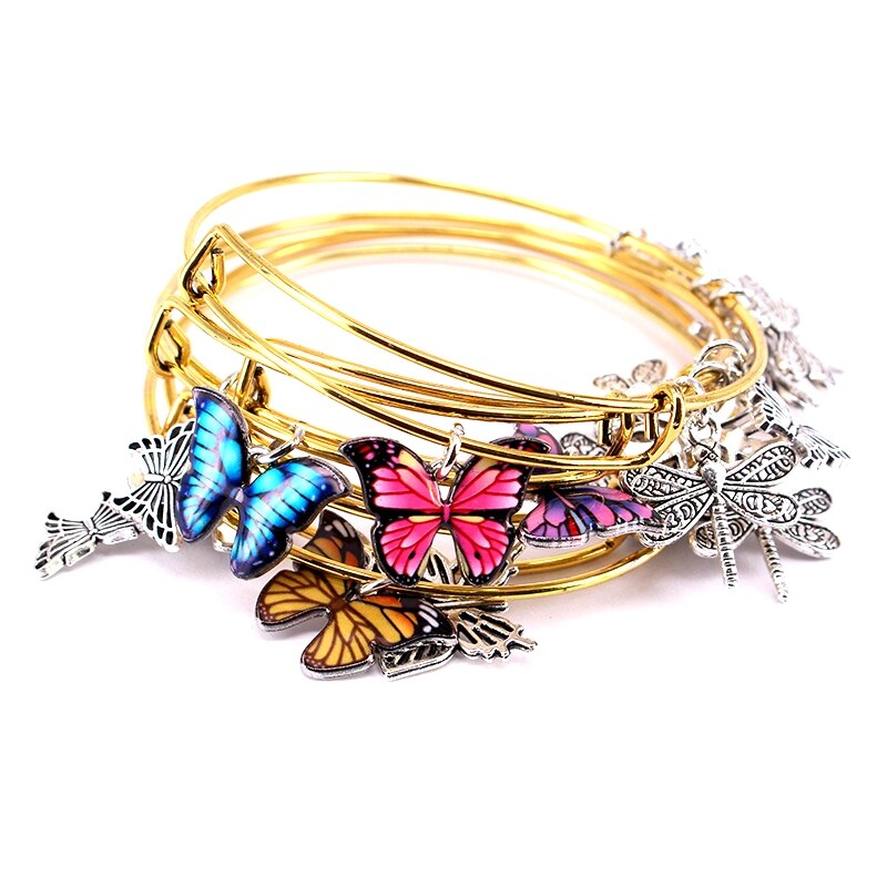 5Pcs Bangle Set Draad Armbanden Voor Vrouwen Meisjes Juwellen Vlinder Dragonfly Boog Bedels Armbanden Manchet Jewlery C044: C044 Antique Gold