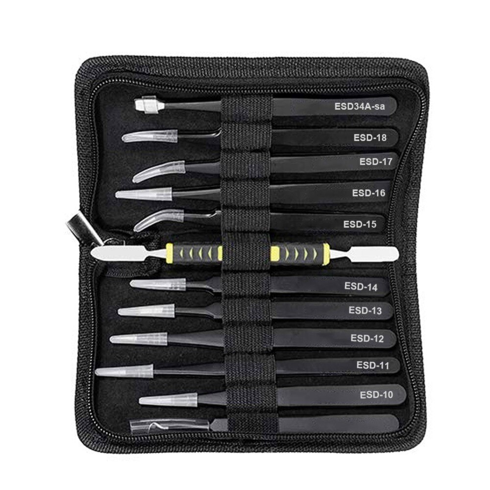 Durable Tweezers 12 Pieces ESD Tweezers Tools Kit Anti-static Non-magnetic Stainless Steel Multi-standard with Storage Bag