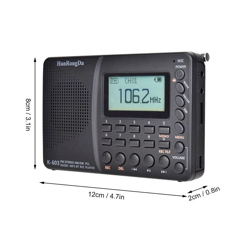 HRD-603 Portable Radio AM/FM/SW/BT/TF Pocket Radio USB MP3 Digital Recorder Support TF Card Bluetooth