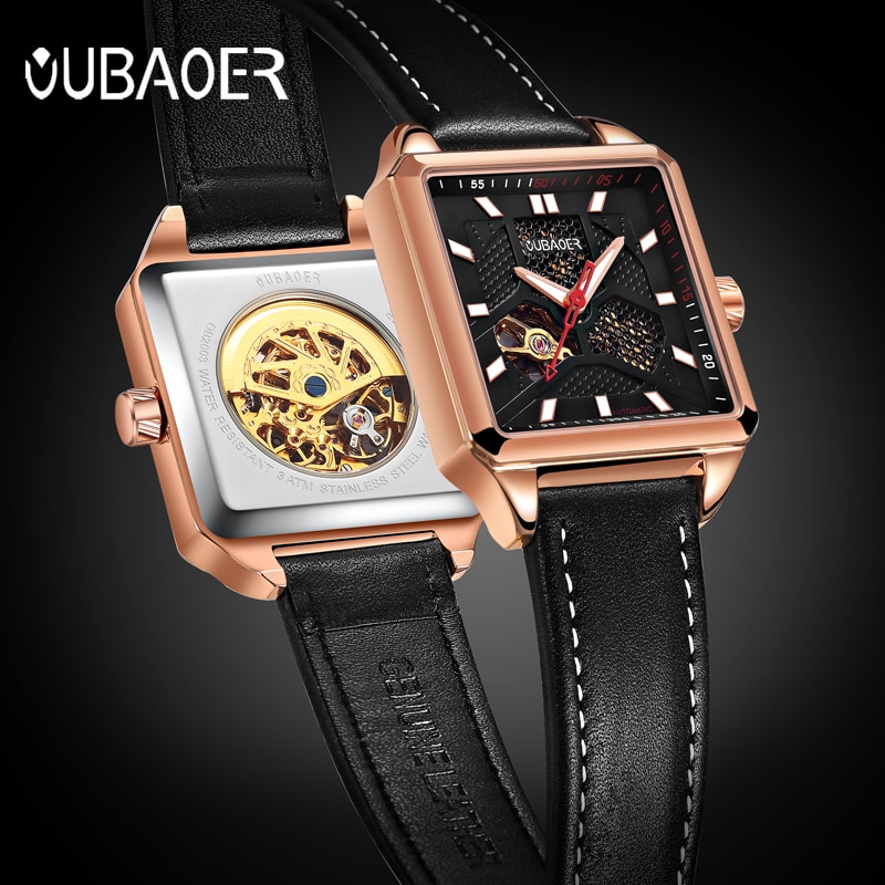 OUBAOER hommes montres mécaniques automatique auto-vent Sport cuir hommes montre-bracelet carré squelette homme mâle heure chaude