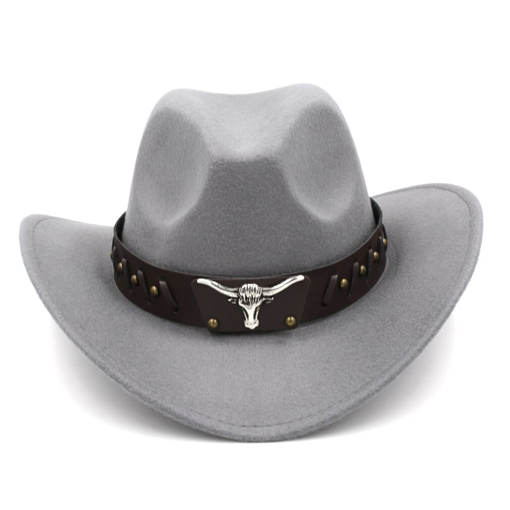 Mistdawn Womem Men Wool Blend Western Cowboy Hat Wide Brim Cowgirl Jazz Sombrero Cap Tauren Leather Band: Gray