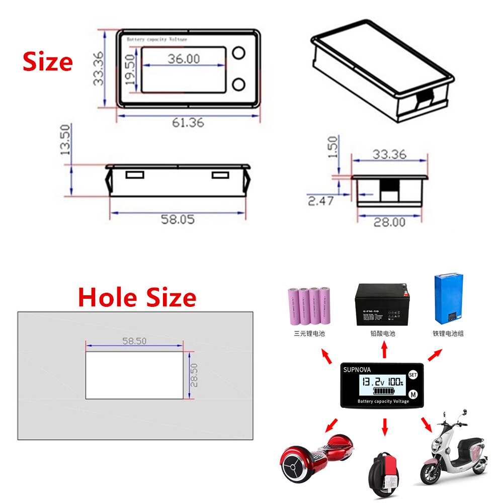 Battery Capacity Indicator DC 8V-100V Lead Acid Lithium LiFePO4 Car Motorcycle Voltmeter Voltage Gauge 12V 24V 48V 72V