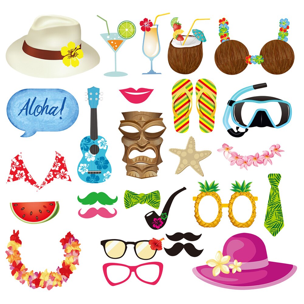 28pcs Hawaii Photo Booth Props Kit Beach Vacation Seaside Photobooth Dress-Up Accessories