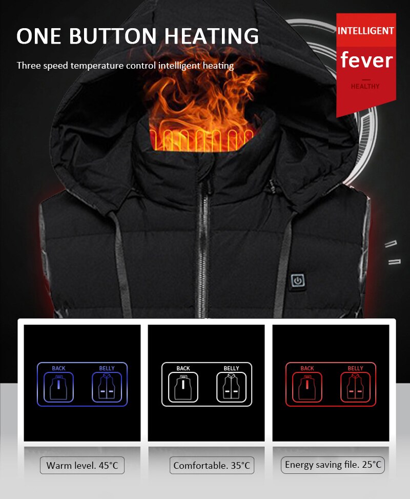 Smart Heated Jackets Autumn Winter Warm Flexible Thermal Hooded Jackets USb Electric Nine Places Heated Outdoor Hiking Vest Coat