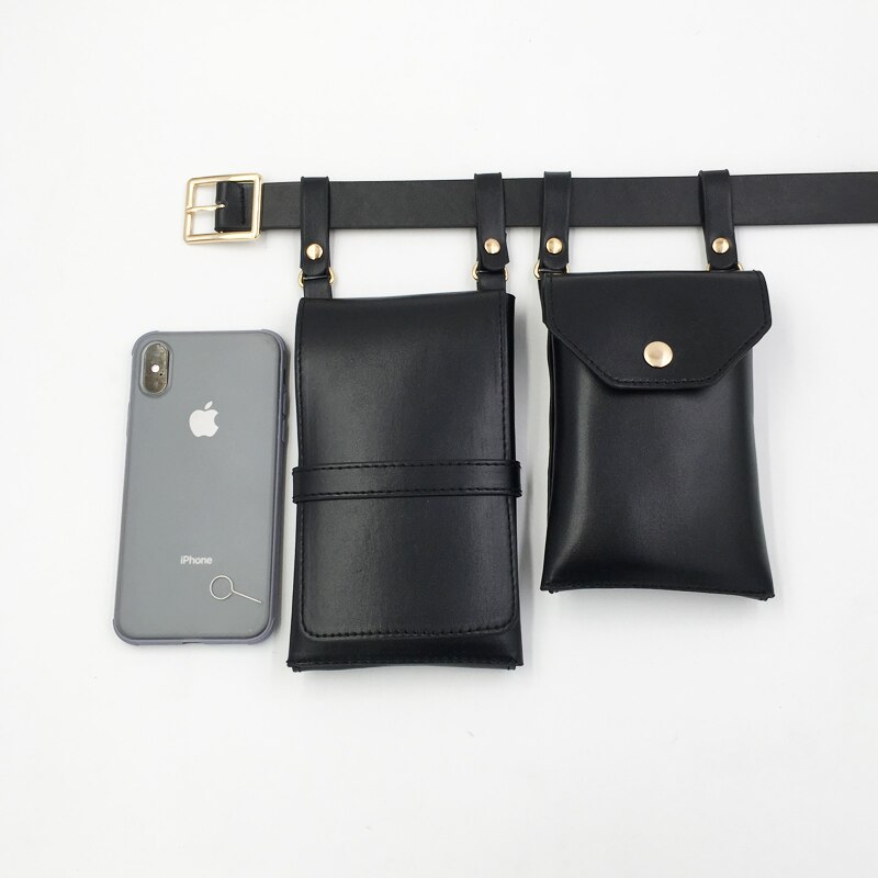 Pu Lederen Punk Vrouwen Riem Tas Hip Hop Grappige Verpakking Vrouwelijke Straat Crossbody Borst Zakken Mobiele Telefoon Heuptas 2 Stuk Set Portemonnee