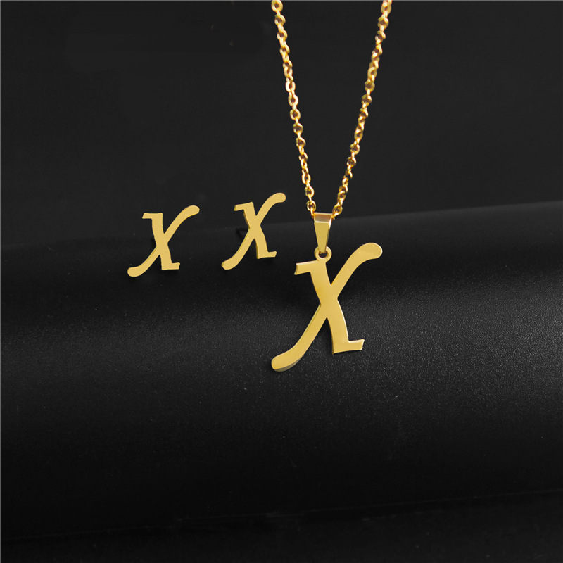 A-Z 26 charm Initial Necklace And Stud Earrings Jewelry Sets Alphabet Pendant Chain Letter mom: Antique Gold Plated