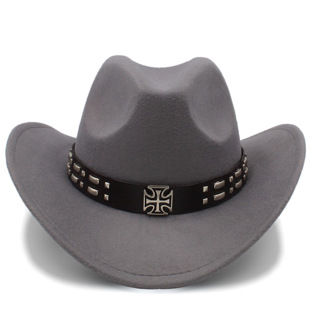 Kvinder uld western cowboy hat med roll-up brim kirke dame jazz hestesport sombrero hombre steampunk cap størrelse 56-58cm: Grå