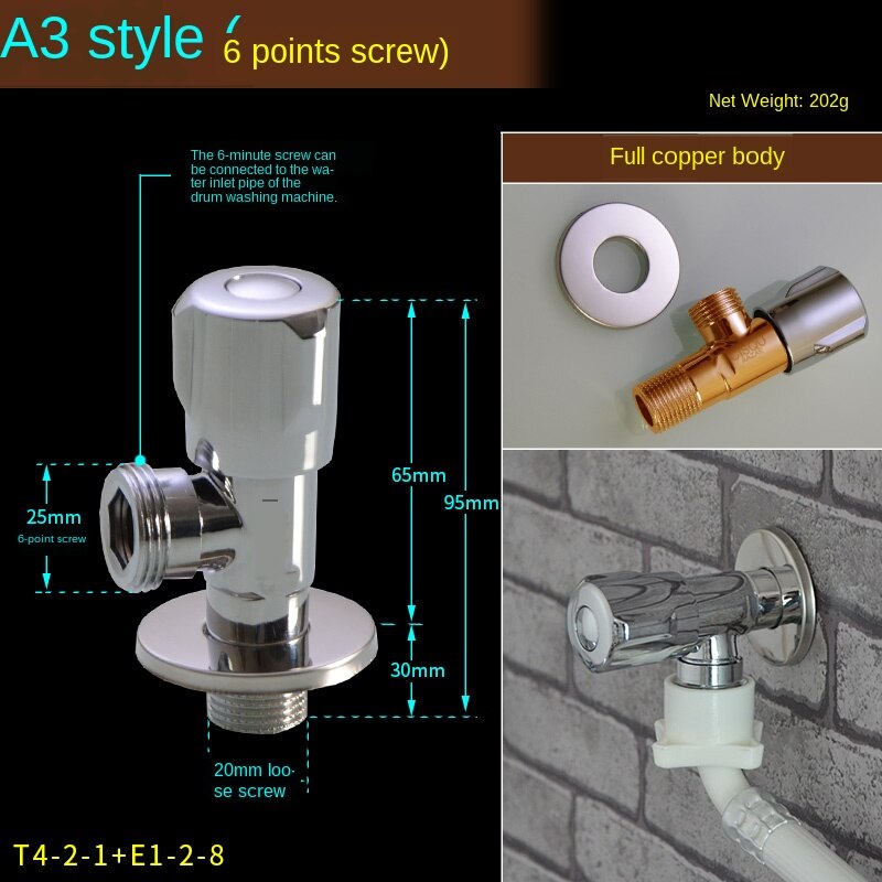 Brass triangle valve water stop valve 1/2IN 3/4IN Thread washing machine connector: A3-6 points screw