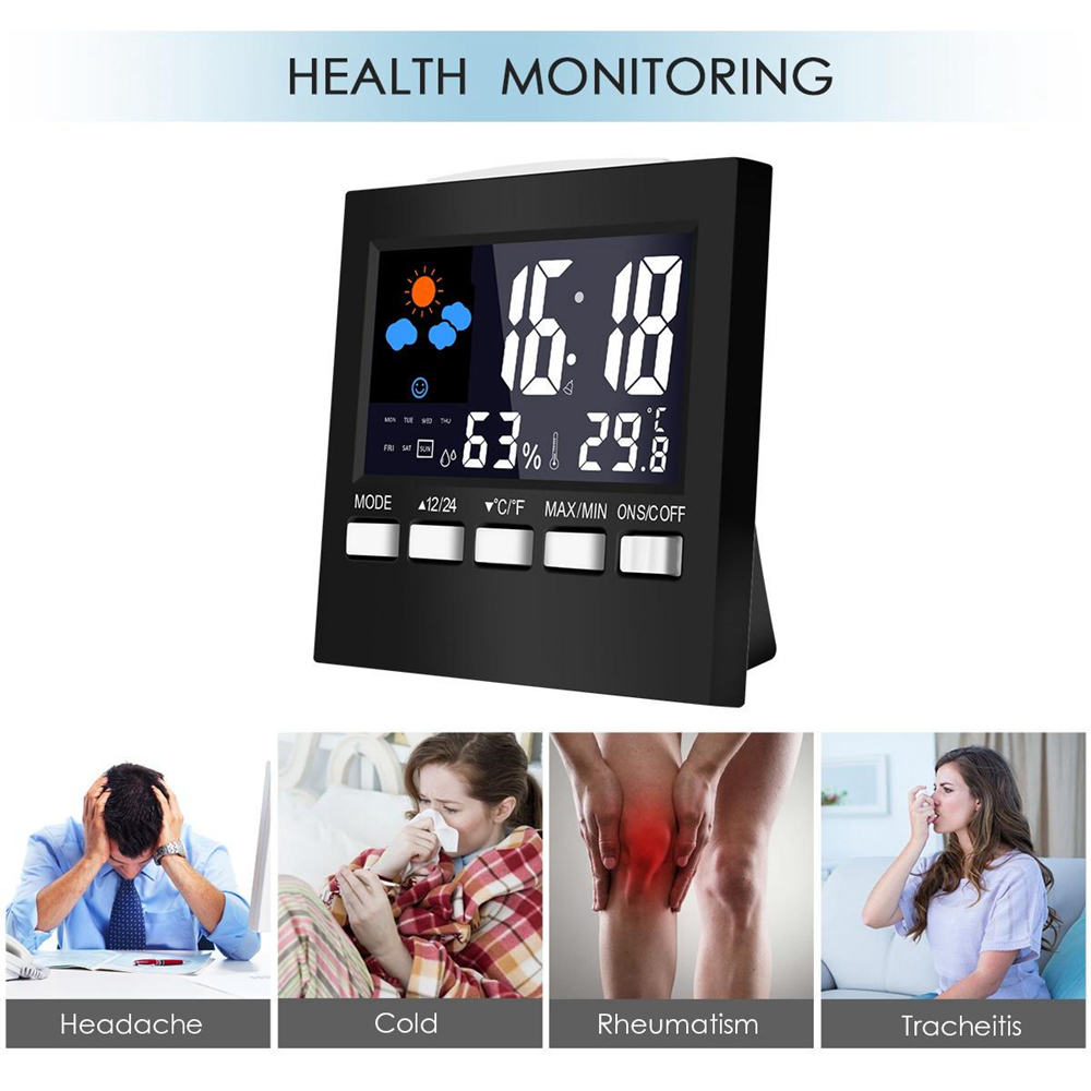 LCD Digital Temperature Humidity Meter Backlight Home Indoor Electronic Hygrometer Weather Station Clock Alarm Clock Timer