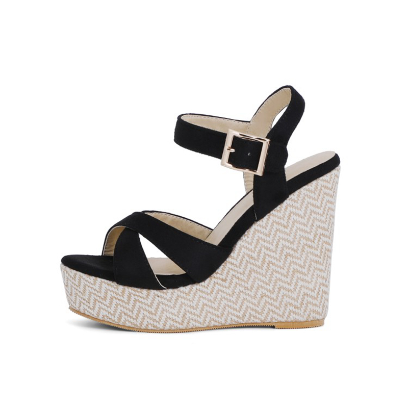 REAVE CAT Summer Slingbacks Open Toe Stretch Fabric Buckle Cross Strap 12.5cm Wedge Sandal With Platform Size 30-48 Hemp