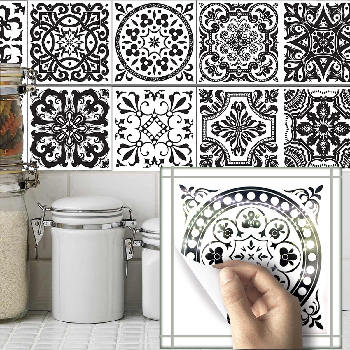 15/20CM European Black and White Retro Ceramic Tile Kitchen Greaseproof Stickers Waterproof Self-adhesive DIY Wall Stickers