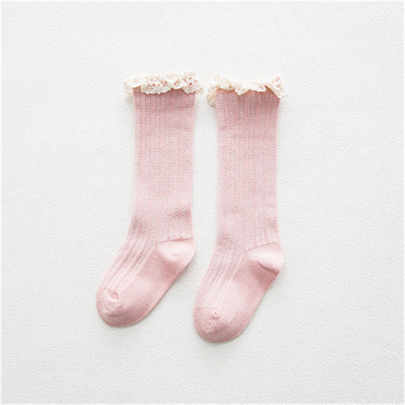 Calcetines hasta la rodilla con volantes de encaje para niños y niñas, medias largas y suaves de algodón, calentadores de piernas de 1 a 8 años, novedad: Dark Pink / 5-8Years(L)