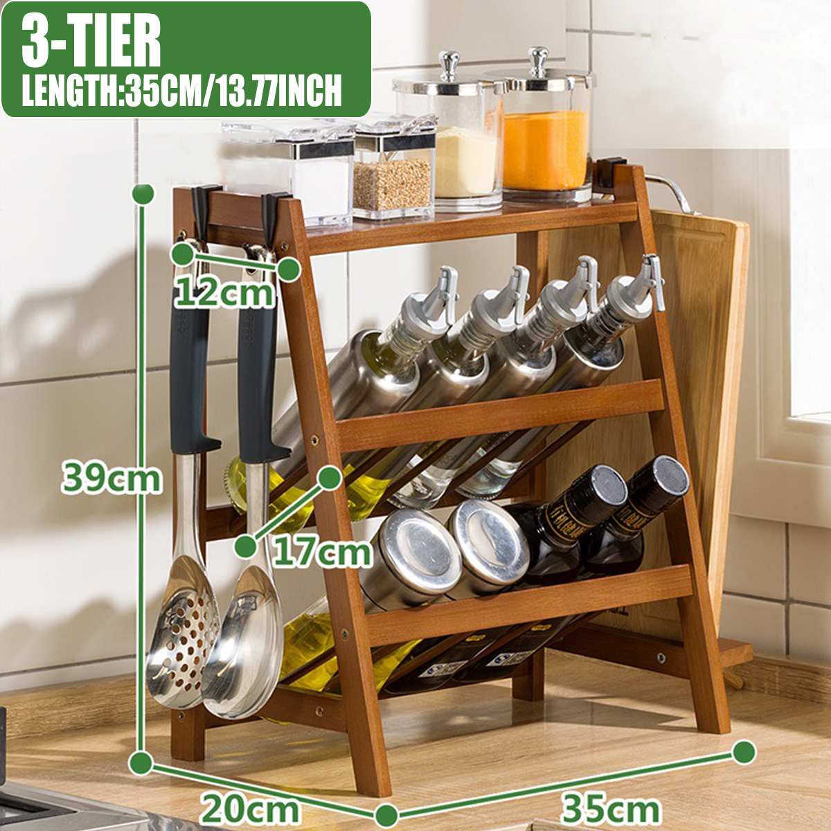 Hoge capaciteit multifunctionele 3 lagen bamboe opbergrek keukenplank flessenrek decoratie organizer plank thuis desktop rekken: Bruin 35cm