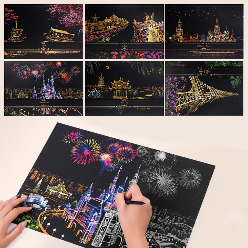 2 Sheets Scratch Pictures Paper 41x29cm Set Screen Postcard DIY