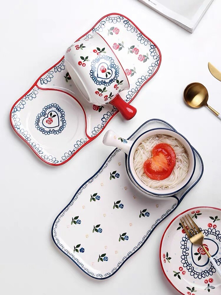 Ceramic dish Japanese breakfast dishes cutlery set one person tableware cute cherry breakfast plate oatmeal bowl