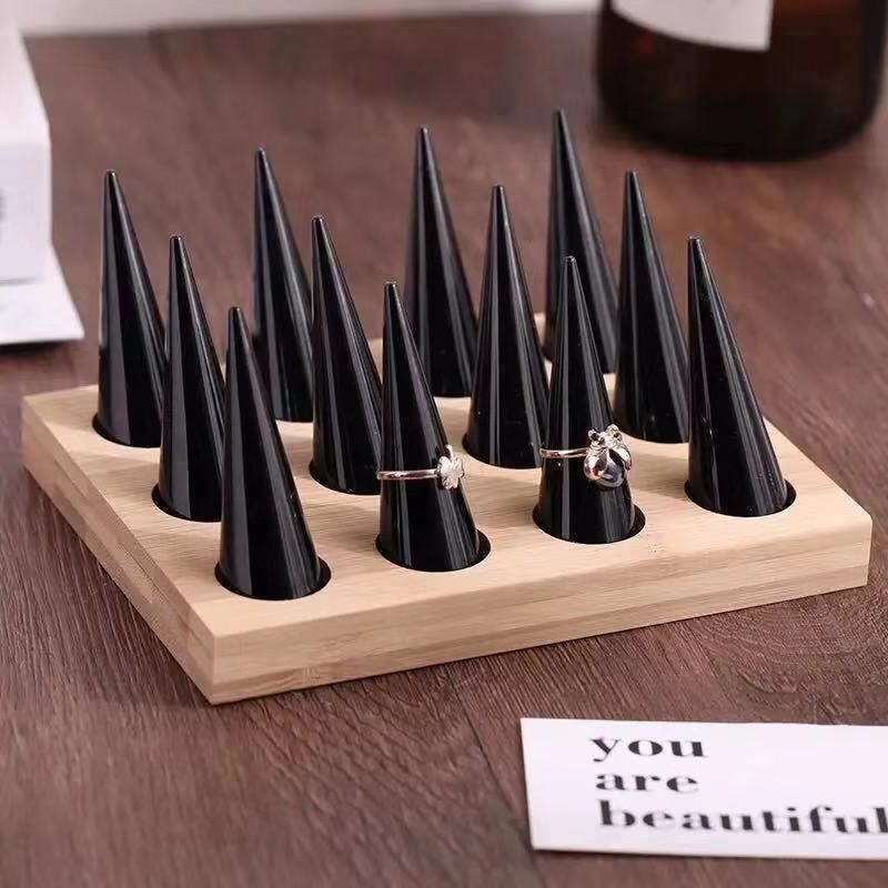 Natural Wood Cone Shape Finger Ring Stand Jewelry Display Holder Showcase Display Stands Rings Bracelet Jewelry Tray: 12bits black