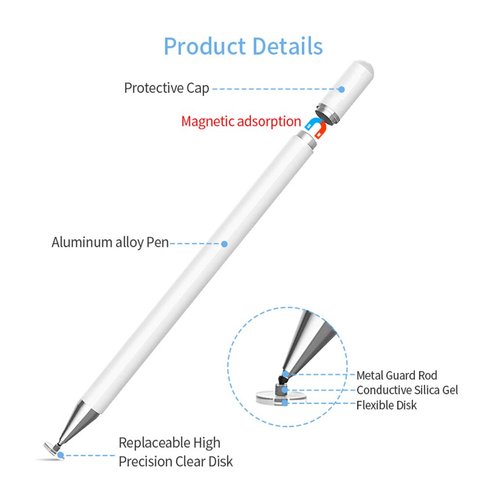 Universal stylus s pen berøringsskærm diskspids smart kapacitiv pencil draw erstatning metal magnetisk hætte til ipad tablet hvid