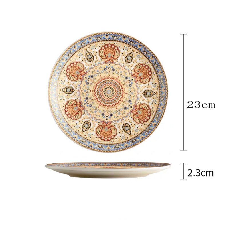 European Style Ceramic Bohemian Dinner Plate Hand Painted Dessert Fruit Plates Household Shallow Steak Dish Tableware: 9 inch E