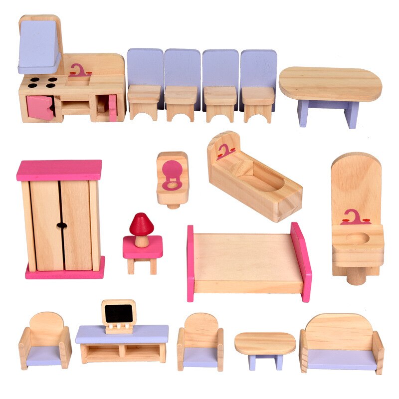 Kleurrijke houten poppenhuismeubels, houten miniatuur keukenhuismeubels, poppendecoratie-accessoires, fantasiespel, kinderspeelgoed