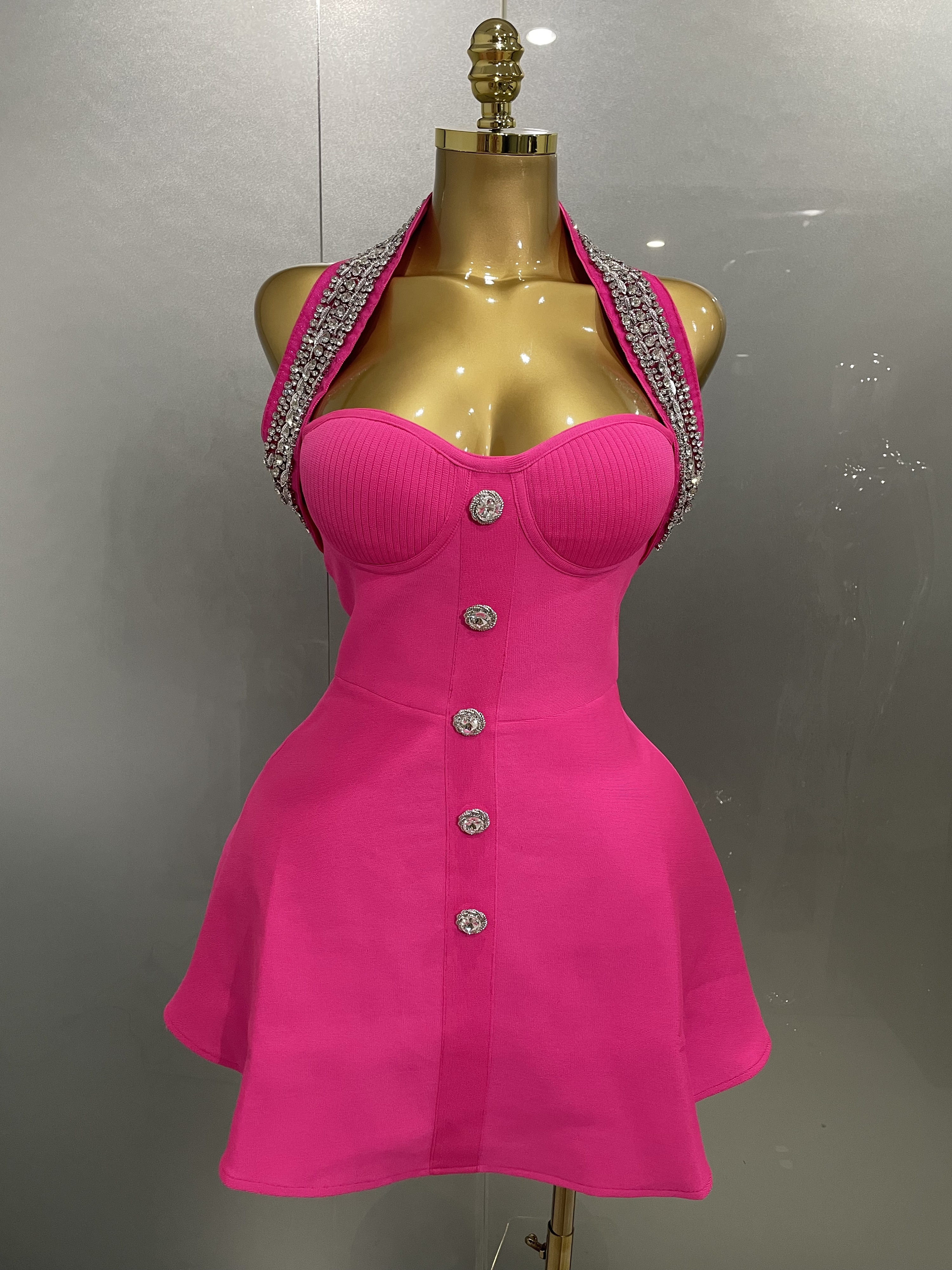 Kvinnor svart sexig bar axelbandslös klänning med kristaller, bodycon-bh, bandage, lång klänning, handskar, elegans, fira kvälls- och festklänning: Xs / Rosröd