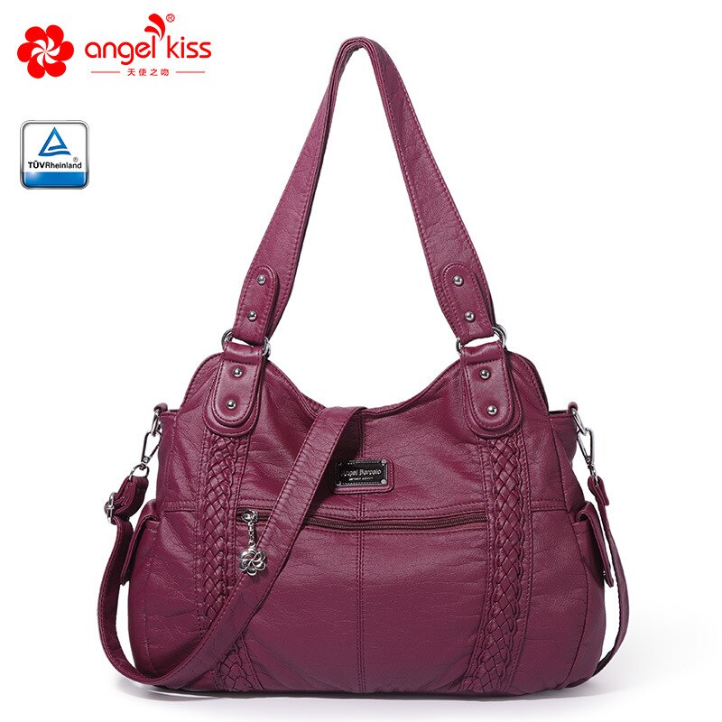 Large Capacity Brand Women Soft Multi Pocket Shoulder Bags PU Leather Leisure Shopping Tote Bag Stylish Travel Crossbody Bag: Purple