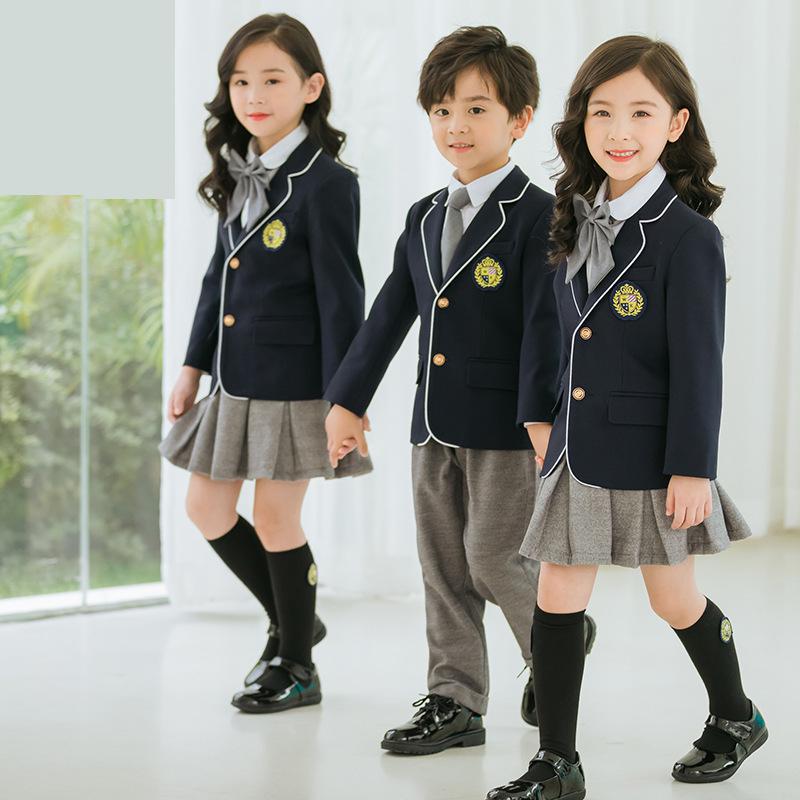Barn brittisk skoluniform pojkar flickor kavaj grå kjol shorts barn dagis uniform grundskolekläder set