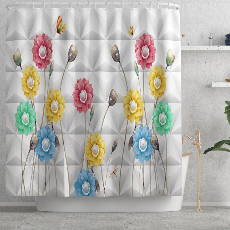Floral Bathroom Carpet Shower Room Toilet Floor Mat Toilet Seat Cover Mat Bathroom Non-Slip Carpet Mat Set with Shower Curtain: Shower Curtain-727