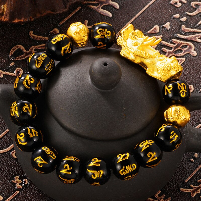 Top natural Obsidian Stone Beads Bracelets Wristband Wealth real 24K gold pendant Women Men Religious Strand Bracelets